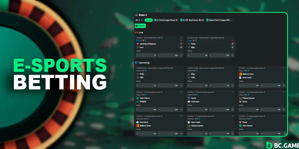 Betting markets for cyber sports events